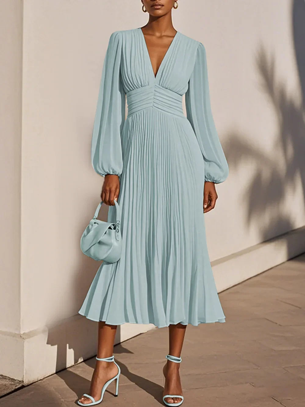Light Blue Pleated Ruched Balloon Sleeve A-Line Midi Chiffon Dress