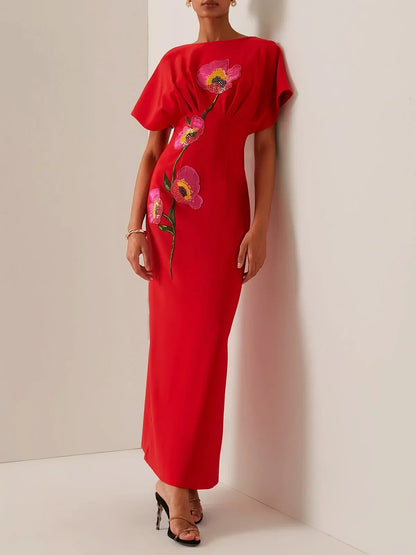 Red Applique Boat Neck Short Sleeve Backless Sheath Maxi Dress
