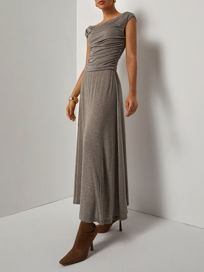 Khaki Lyocell Wool Ruched Knit Off The Shoulder Sleeveless A-Line Maxi Dress