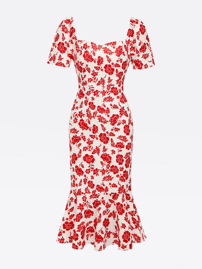 Red Floral Sweetheart Neckline Mermaid Midi Dress