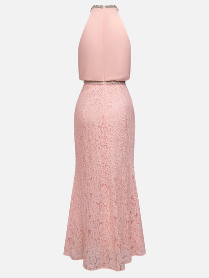 Pink Rhinestone Ruched Lace Crew Neck Sleeveless Mermaid Maxi Dress