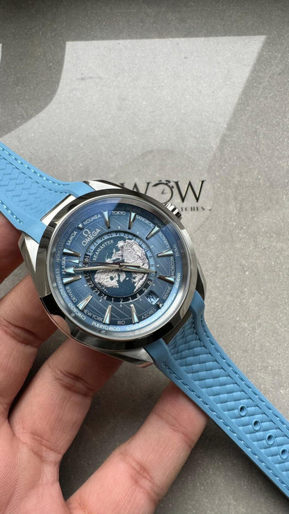 Aqua Terra GMT Worldtimer 43mm VSF 1:1 Best Edition Summer Blue Dial on Blue Rubber Strap A8938
