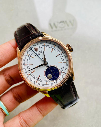 Rolex Cellini Moonphase 50535 RG White Dial on Leather Strap Asia 3195 Mod