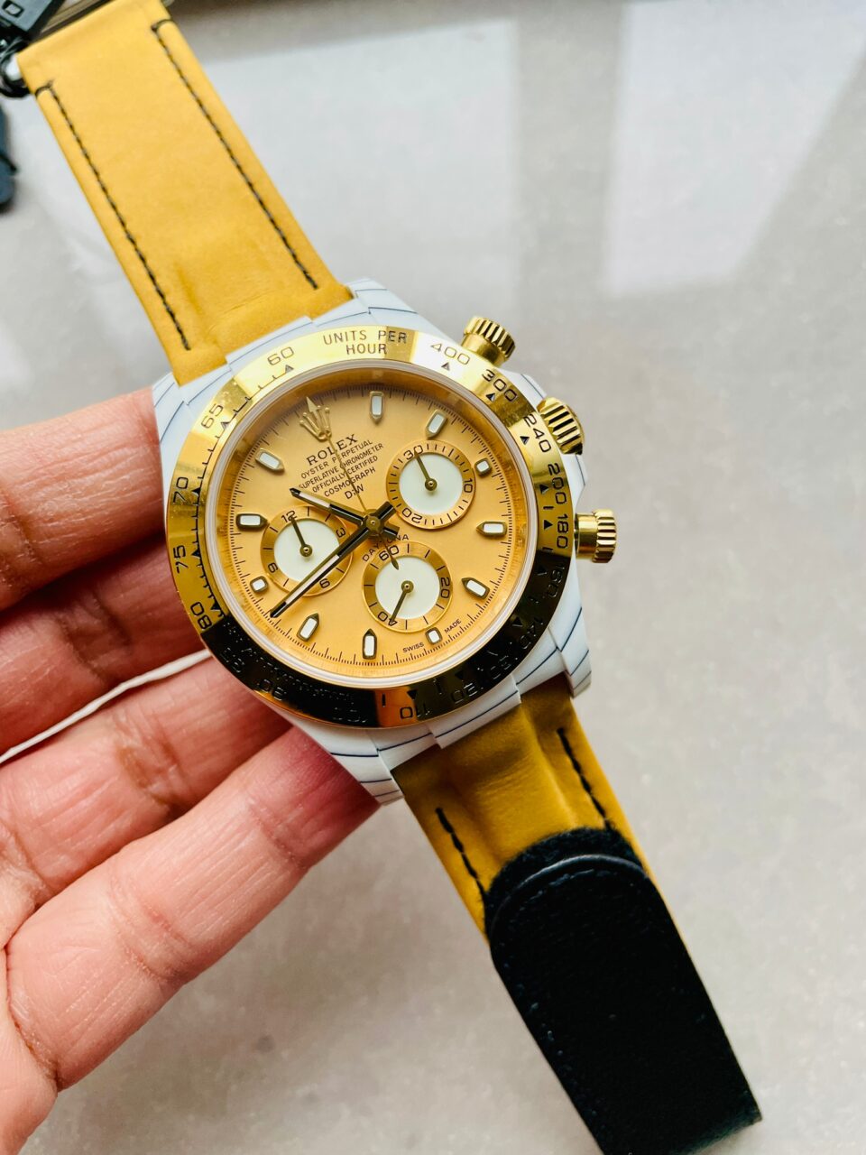 DIWF Factory 1:1 Rolex Daytona DIW White Carbon/YG  Best Edition Gold Dial A7750