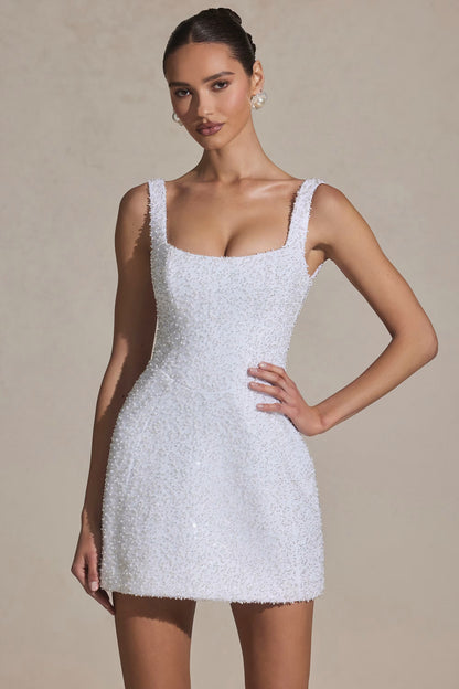 Embellished Structured A-Line Mini Dress in White