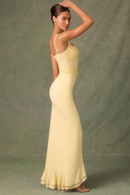 Embellished Ruffle-Trim Corset Gown in Yellow