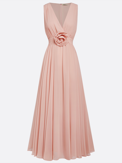 Pink 3D Floral Pleated Chiffon V Neck Sleeveless A-Line Maxi Dress