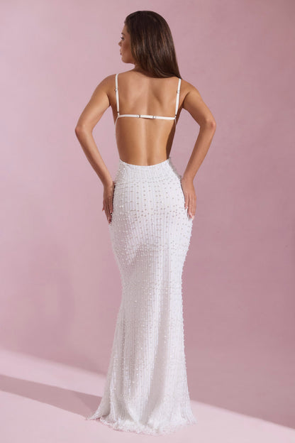 Embellished Cowl-Neck Backless Maxi Dress in White