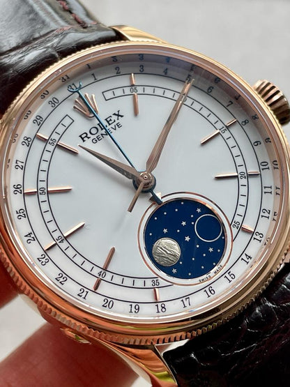 Rolex Cellini Moonphase 50535 RG White Dial on Leather Strap Asia 3195 Mod