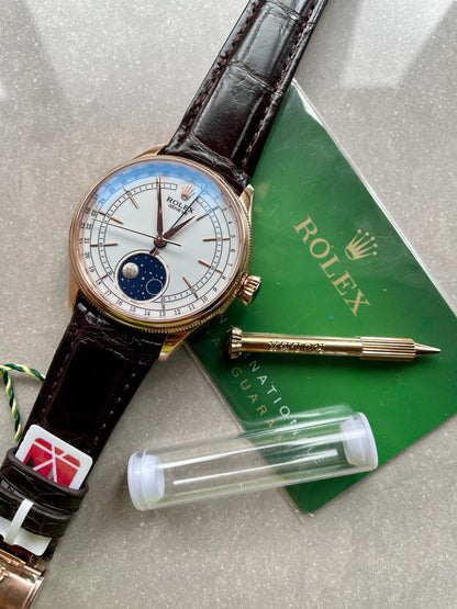 Rolex Cellini Moonphase 50535 RG White Dial on Leather Strap Asia 3195 Mod