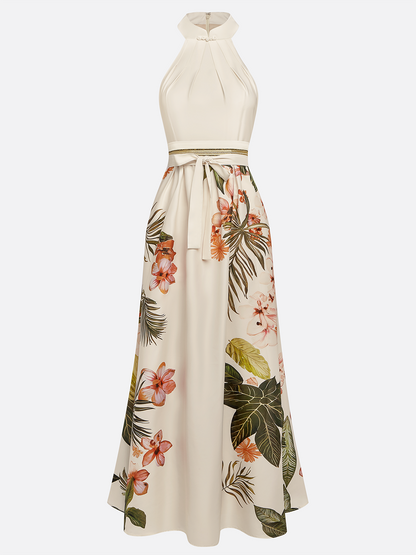 Beige Bow Satin Halter Floral Sleeveless A-Line Maxi Dress