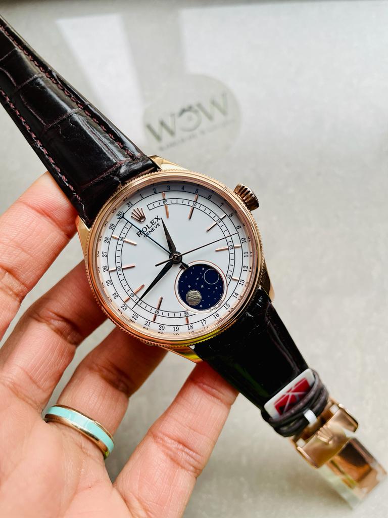 Rolex Cellini Moonphase 50535 RG White Dial on Leather Strap Asia 3195 Mod