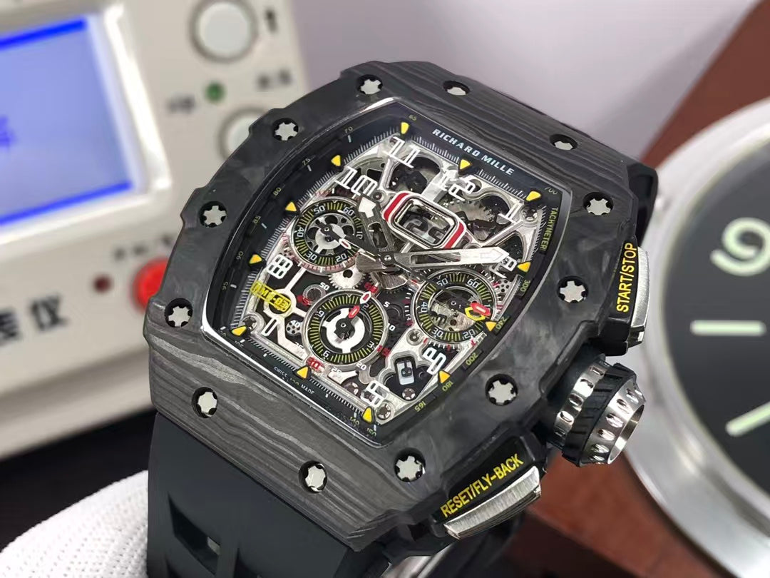 RM RM011 03 Black Carbon Case Skeleton Dial Black Rubber Strap