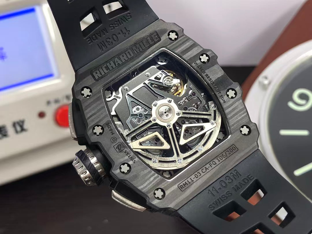 RM RM011 03 Black Carbon Case Skeleton Dial Black Rubber Strap