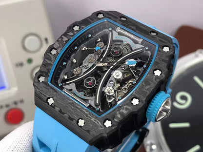 RM RM53 01 Pablo Mac Donough Tourbillon Movement Black Carbon Case Blue Rubber Strap