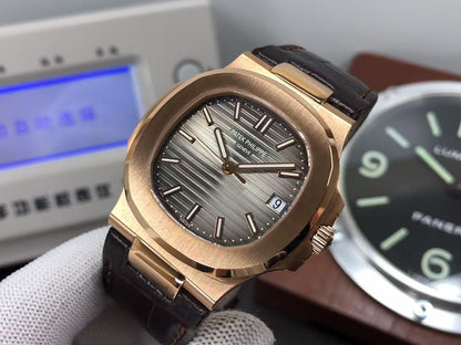 pp Nautilus 5711 Rose Gold Case Grey Dial Brown Leather Strap with 324 Movement