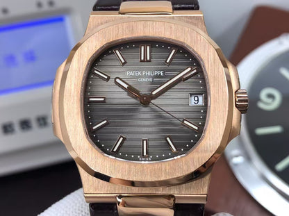 pp Nautilus 5711 Rose Gold Case Grey Dial Brown Leather Strap with 324 Movement
