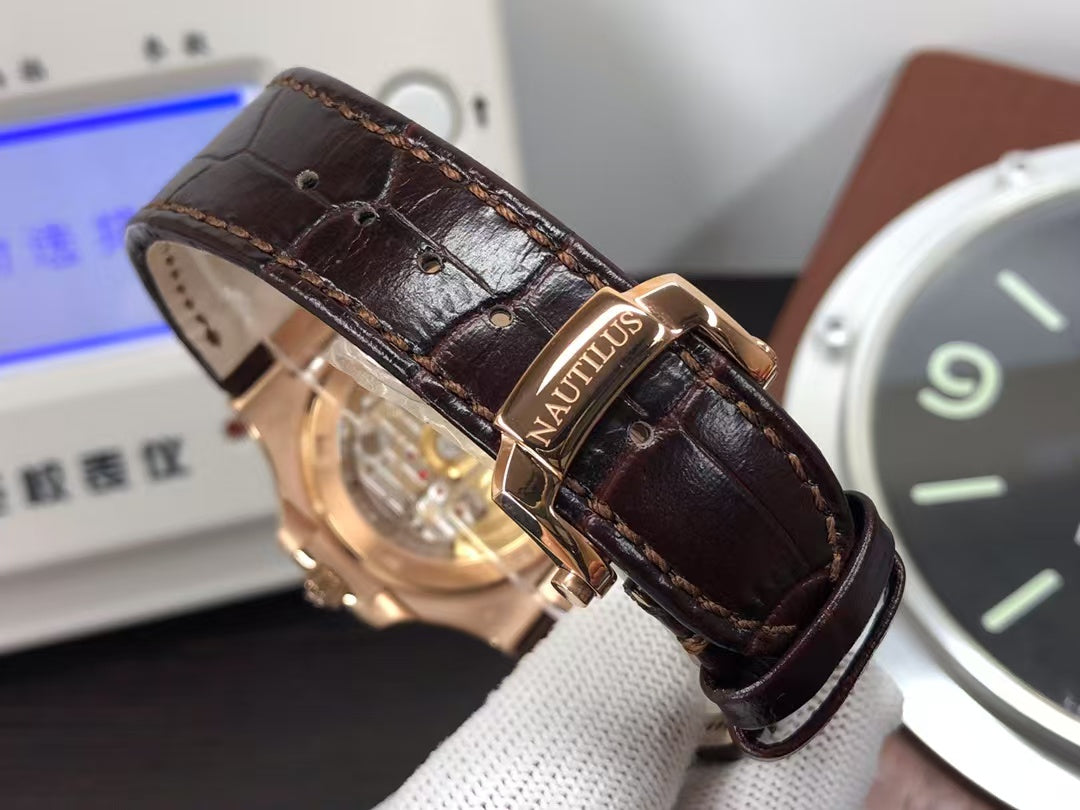 pp Nautilus 5711 Rose Gold Case Grey Dial Brown Leather Strap with 324 Movement