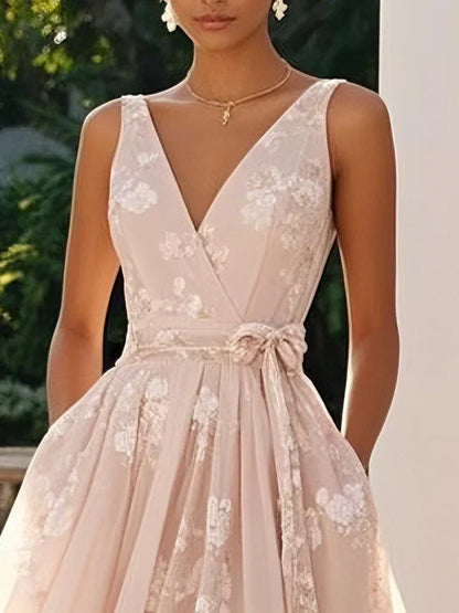 Light Pink Bow Embroidery Classic V Neck Sleeveless A-Line Midi Dress
