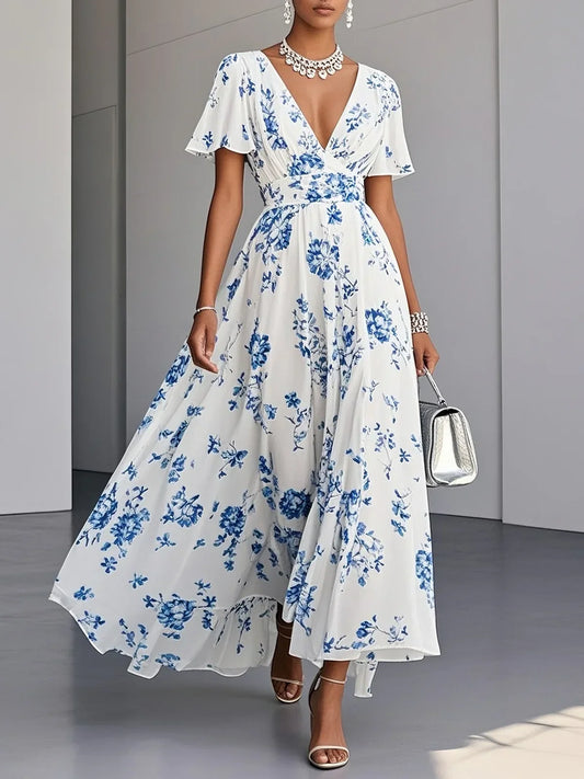 Blue Floral Chiffon V Neck Short Sleeve A-Line Maxi Dress