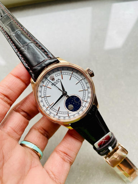 Rolex Cellini Moonphase 50535 RG White Dial on Leather Strap Asia 3195 Mod