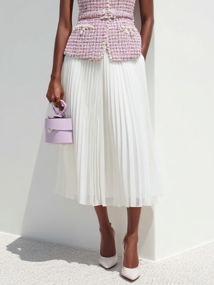 Women Pink Tweed Buckle Stitching Lace Crew Neck Sleeveless Dressy Coat With Skirt Two-Piece Set