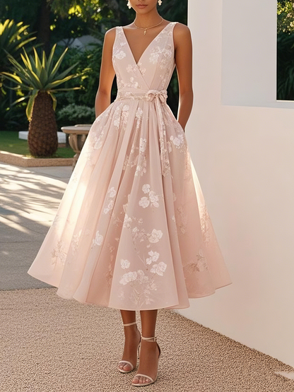 Light Pink Bow Embroidery Classic V Neck Sleeveless A-Line Midi Dress