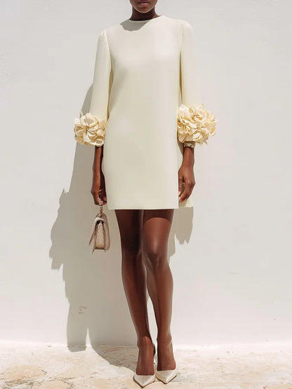 Off White 3D Floral Classic Crew Neck Three Quarter Sleeve Shift Mini Dress