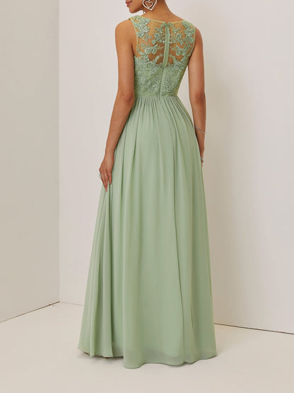 Light Green Lace Ruched Chiffon V Neck Sleeveless A-Line Maxi Mother of the Bride or Groom Dress