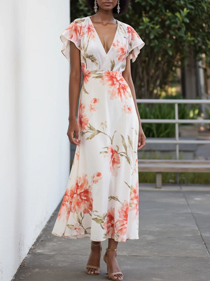 Orange Red Chiffon V Neck Short Sleeve Bell Sleeve A-Line Midi Dress