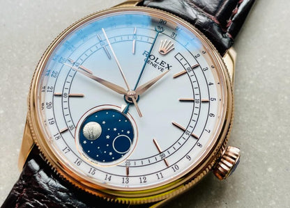 Rolex Cellini Moonphase 50535 RG White Dial on Leather Strap Asia 3195 Mod