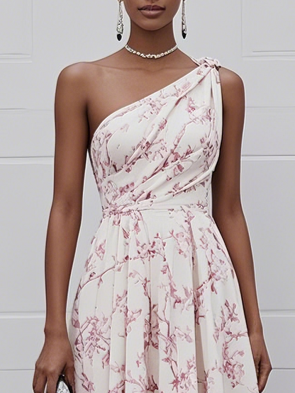 Pink One Shoulder Floral Sleeveless A-Line Midi Dress