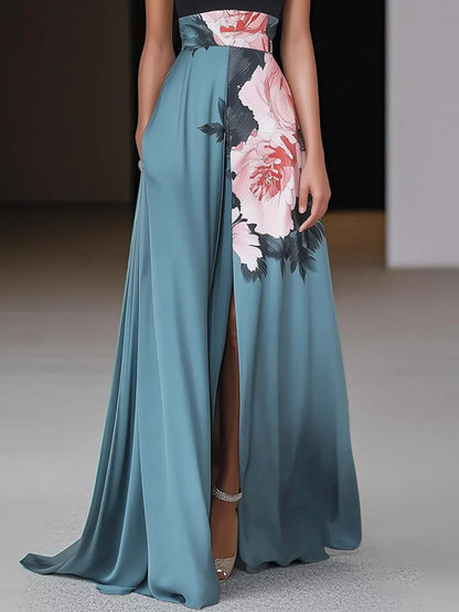 Black Slit Floral Satin Halter Sleeveless A-Line Maxi Dress