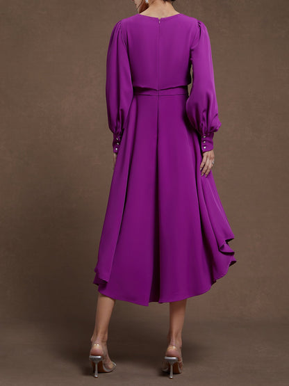 Rose Red Asymmetric Boat Neck Long Balloon Sleeve A-Line Midi Dress