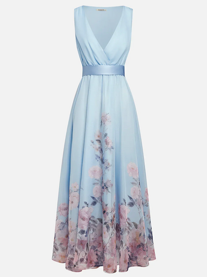 Light Blue Floral Chiffon V Neck Sleeveless A-Line Maxi Dress