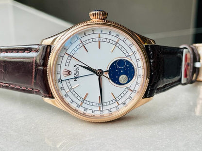 Rolex Cellini Moonphase 50535 RG White Dial on Leather Strap Asia 3195 Mod