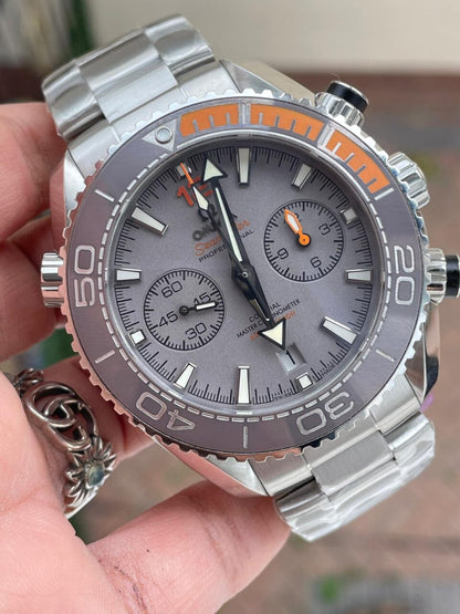 Planet Ocean SEAMASTER Chronometer OMF SS Grey/Orange Polished Bezel Grey Dial on SS Bracelet A9900 (Black Balance Wheel)