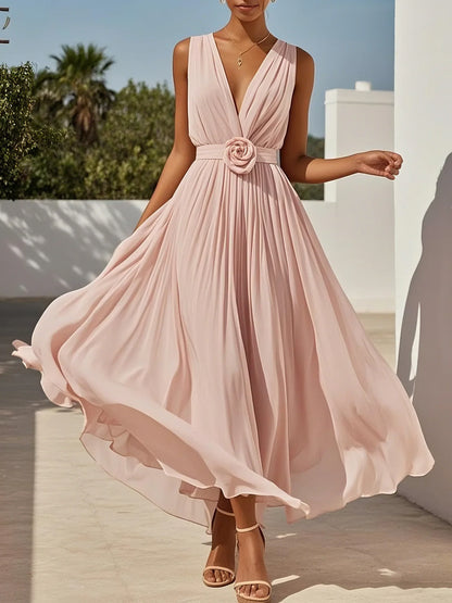 Pink 3D Floral Pleated Chiffon V Neck Sleeveless A-Line Maxi Dress
