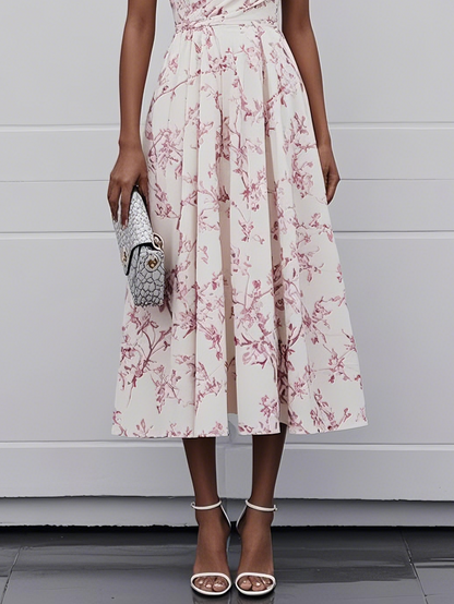 Pink One Shoulder Floral Sleeveless A-Line Midi Dress