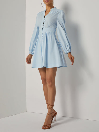 Light Blue Buckle Gathered Cotton V Neck Long Sleeve Balloon Sleeve A-Line Mini Dress