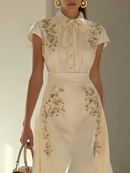 Apricot Embroidery Floral Classic Bow Collar Cap Sleeve A-Line Midi Dress