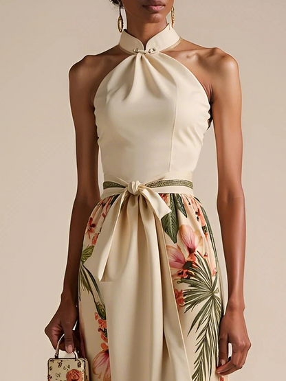 Beige Bow Satin Halter Floral Sleeveless A-Line Maxi Dress