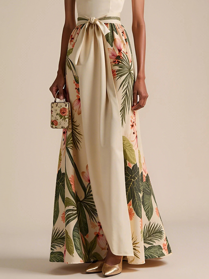 Beige Bow Satin Halter Floral Sleeveless A-Line Maxi Dress