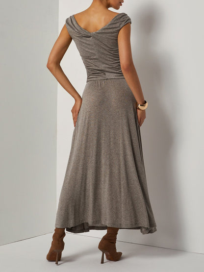 Khaki Lyocell Wool Ruched Knit Off The Shoulder Sleeveless A-Line Maxi Dress