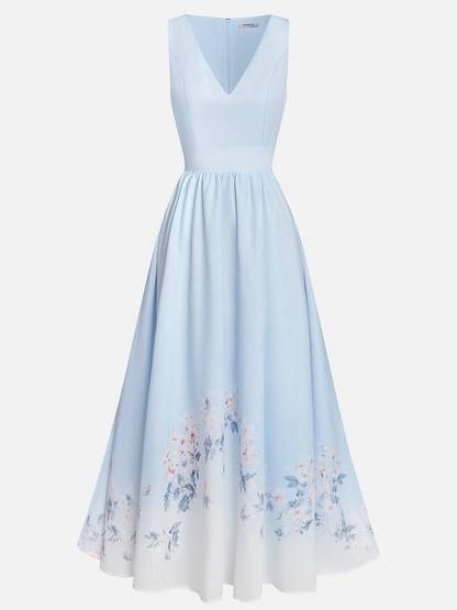Light Blue Floral V Neck Sleeveless A-Line Maxi Dress