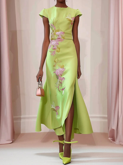 Green Satin Floral Embroidered Cap Sleeve Slit Sheath Maxi Dress