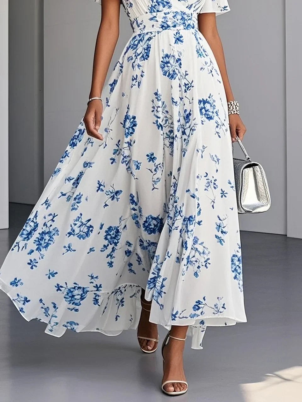 Blue Floral Chiffon V Neck Short Sleeve A-Line Maxi Dress