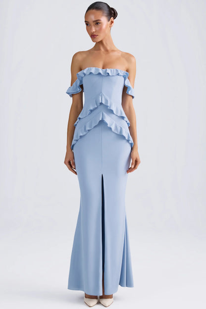 Off-Shoulder Ruffle-Trim Gown in Light Blue