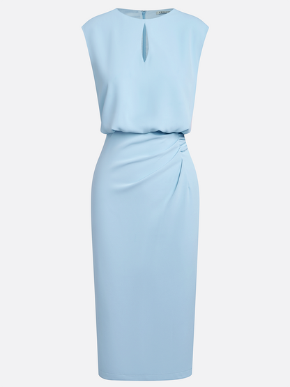 Light Blue Ruched Cut Out Classic Crew Neck Cap Sleeve Sheath Midi Dress