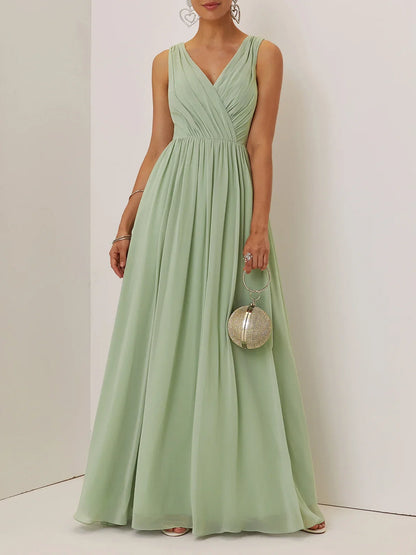 Light Green Lace Ruched Chiffon V Neck Sleeveless A-Line Maxi Mother of the Bride or Groom Dress